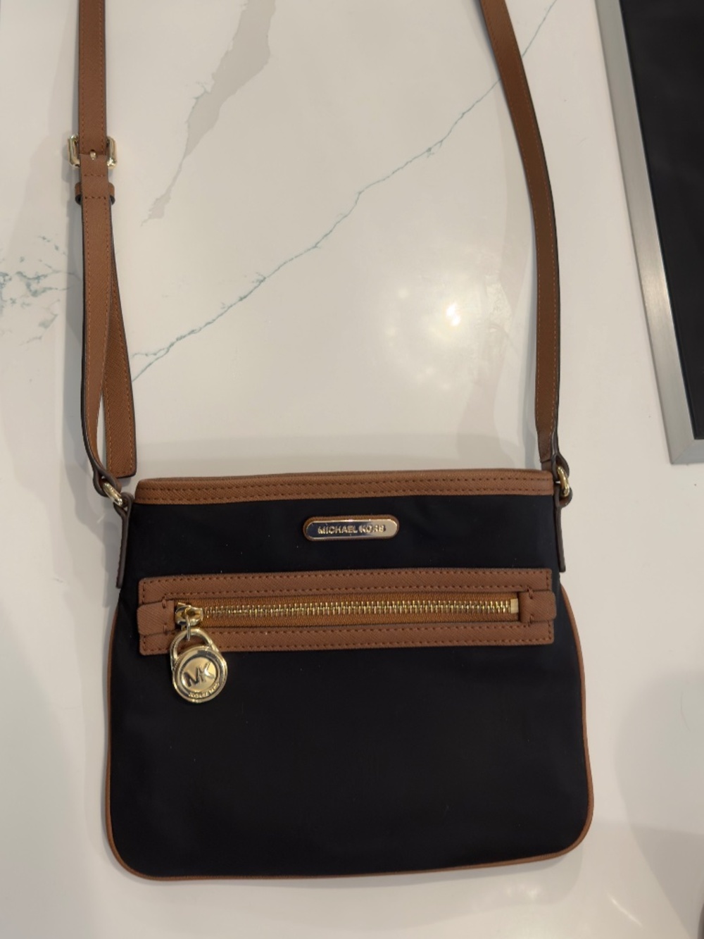 Michael Kors MK Kempton Crossbody Bag- Black Nylon, Brown Leather, Gold Hardware